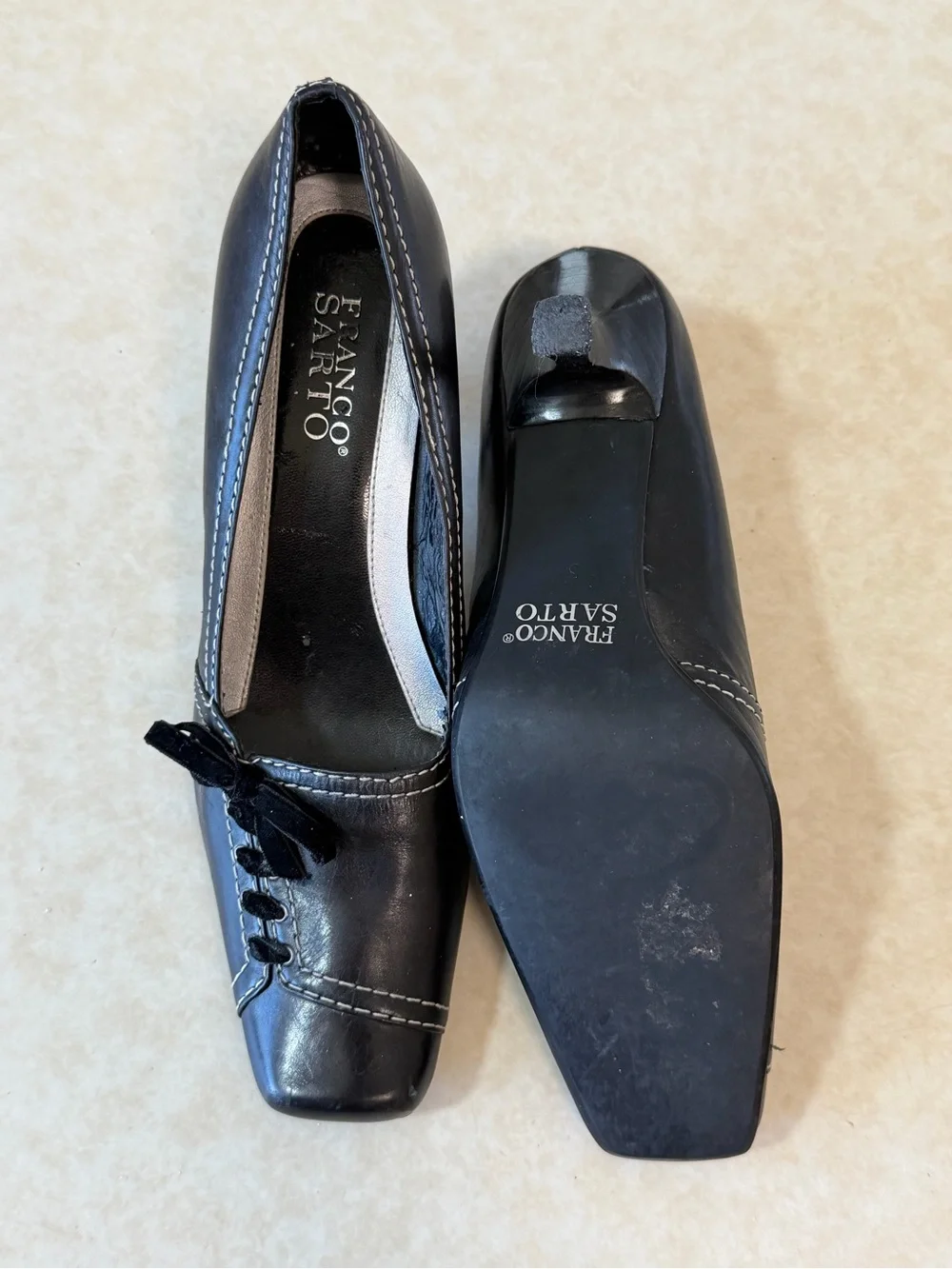 Franco Sarto Black Leather Square-Toe Pump with Bow